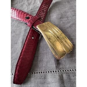 Vintage Kathy young Belt signed solid brass Buckle abstract art Red Snake Skin M